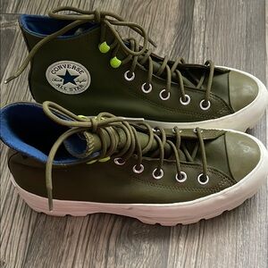 Converse High-Top Sneakers in Olive with Blue Lining